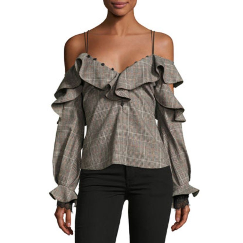 Self-Portrait Off Shoulder Check Plaid Wool‎ Top Womens Size US 2 UK 6